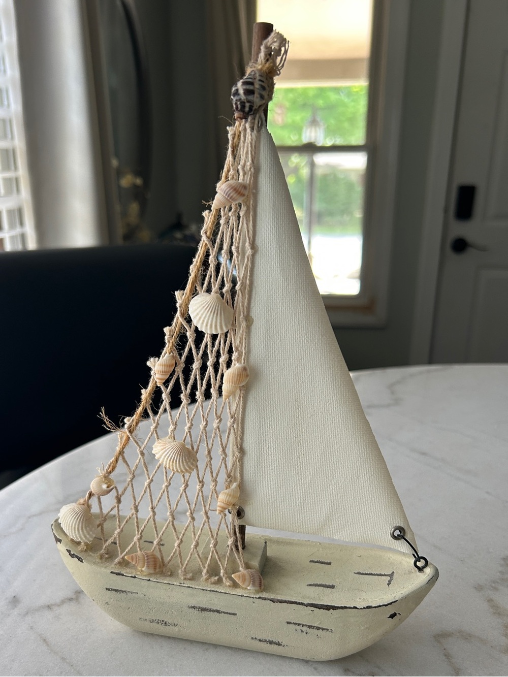 Coastal Decorative Sailboat with Shell Netting - Cream and Natural